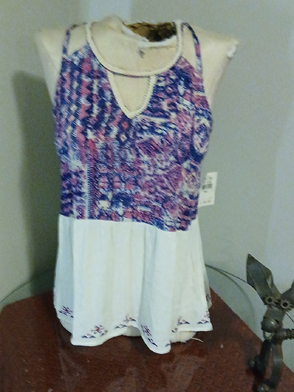 Miss Me Purple Patterned Bodice White Flowy Tank with Keyhole